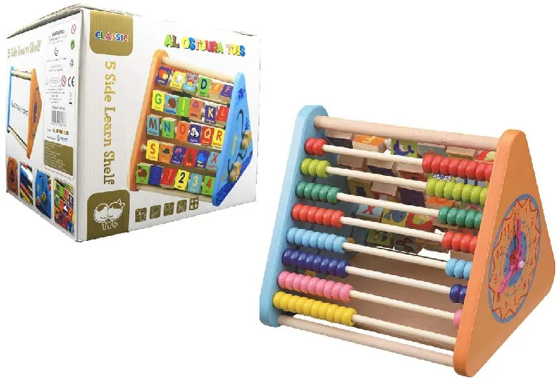 historically inspired wooden toys that teach history                   5 side learning shelf