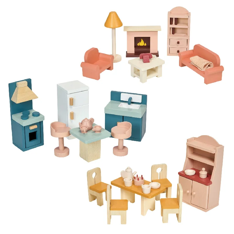 thoughtfully crafted and safe wooden toys                   Dollhouse Downstairs Furniture Bundle