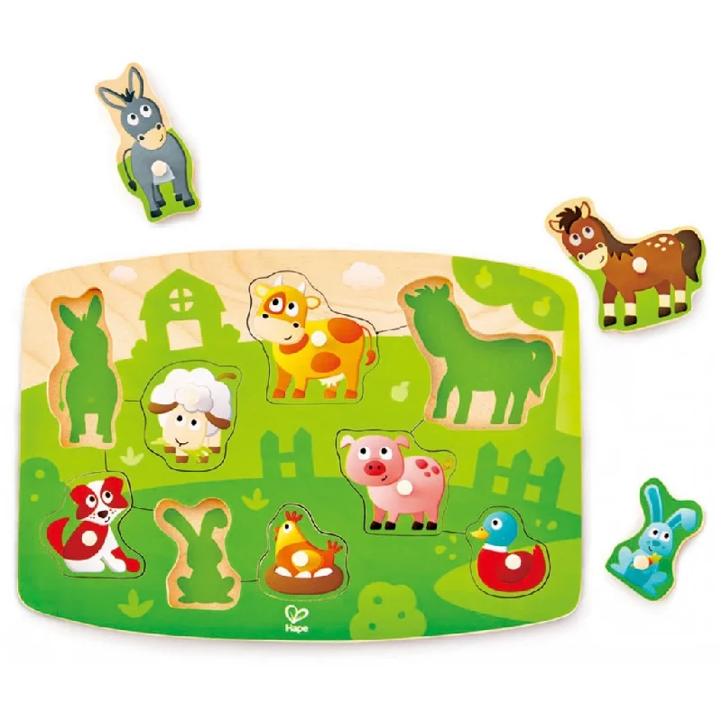intricately designed wooden toys                 Farmyard peg puzzle Hape