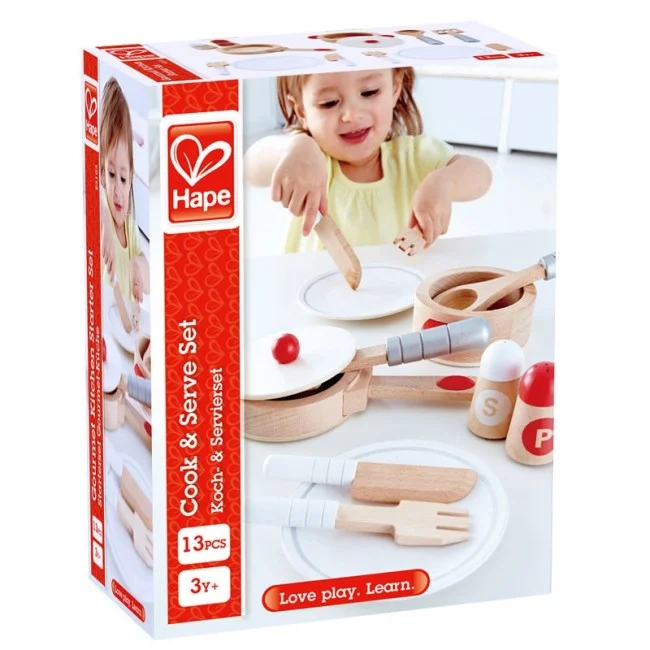 colorful and cheerful wooden toys                   Cook and Serve Set Hape