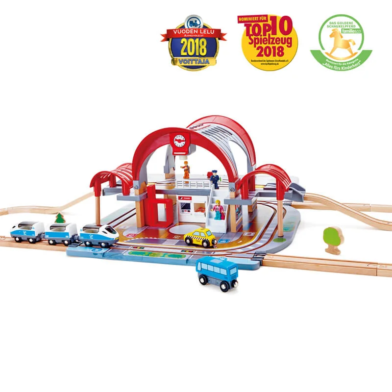 non-toxic wooden toys                   Hape Grand City Station Wooden Railway Set