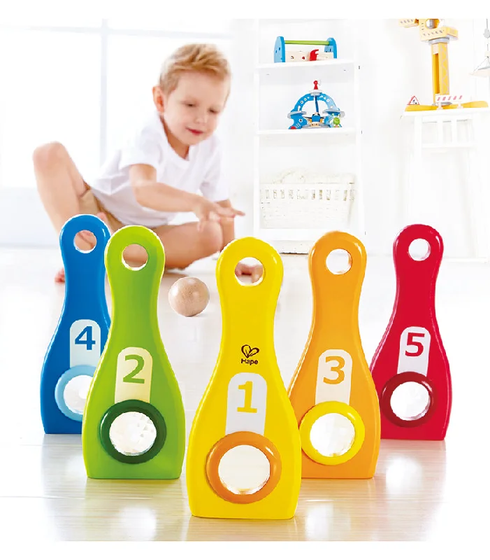 detailed and intricate wooden toys                   Rainbow Bowling skittles Hape