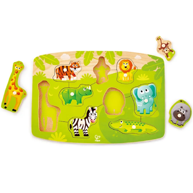 colorful wooden toys for toddlers             Jungle Peg Puzzle Hape