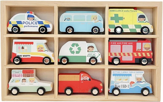 eco-friendly and safe wooden toys                   Kiwiana Vehicles Wooden Car Set Moana Rd