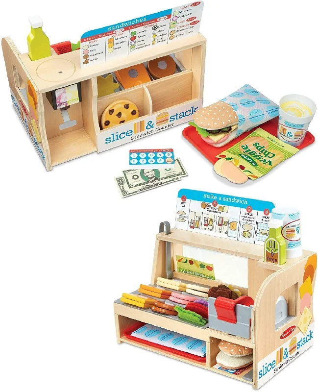 thoughtfully crafted and safe wooden toys                   Melissa & Doug 41650 Wooden Slice & Stack Sandwich Counter