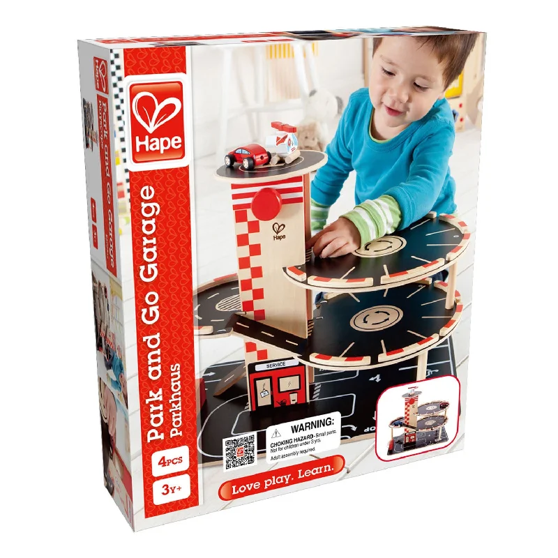 safe and non-toxic wooden toys that parents can trust                   Park and Go Garage Hape