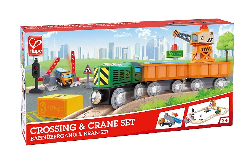 skillfully crafted wooden toys                   Railway Crossing & Crane Wooden Train Set Hape