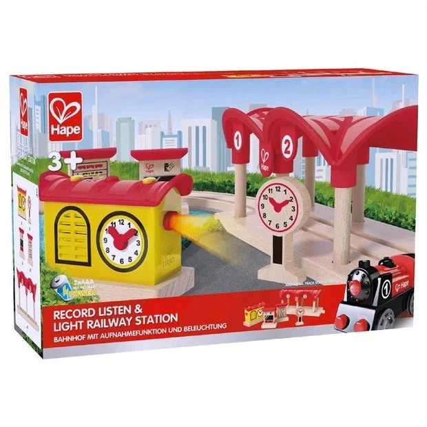 colorful and cheerful wooden toys                   Record, Listen and Light Railway Station Hape