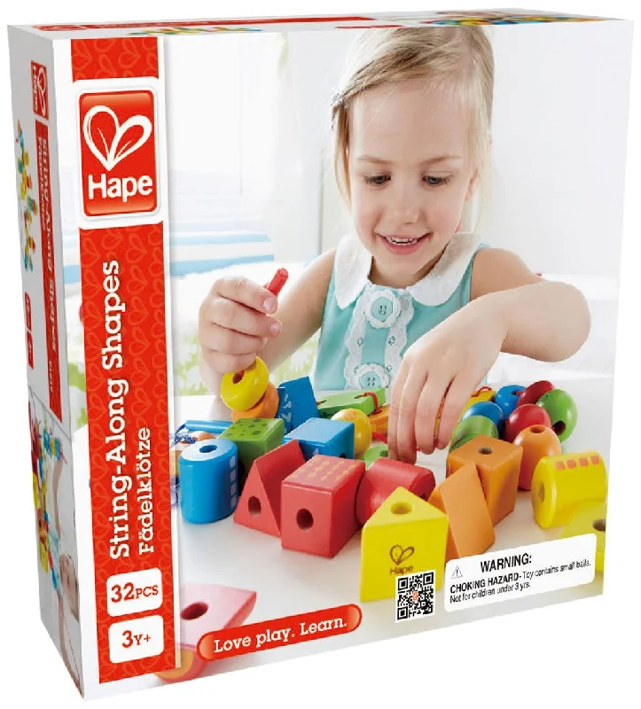 skillfully crafted wooden toys                   String along shapes Hape
