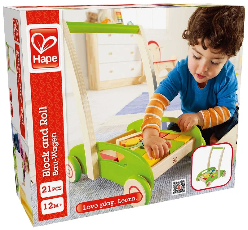sturdy and safe wooden toys                 Wooden trolley with blocks - Hape Block and roll