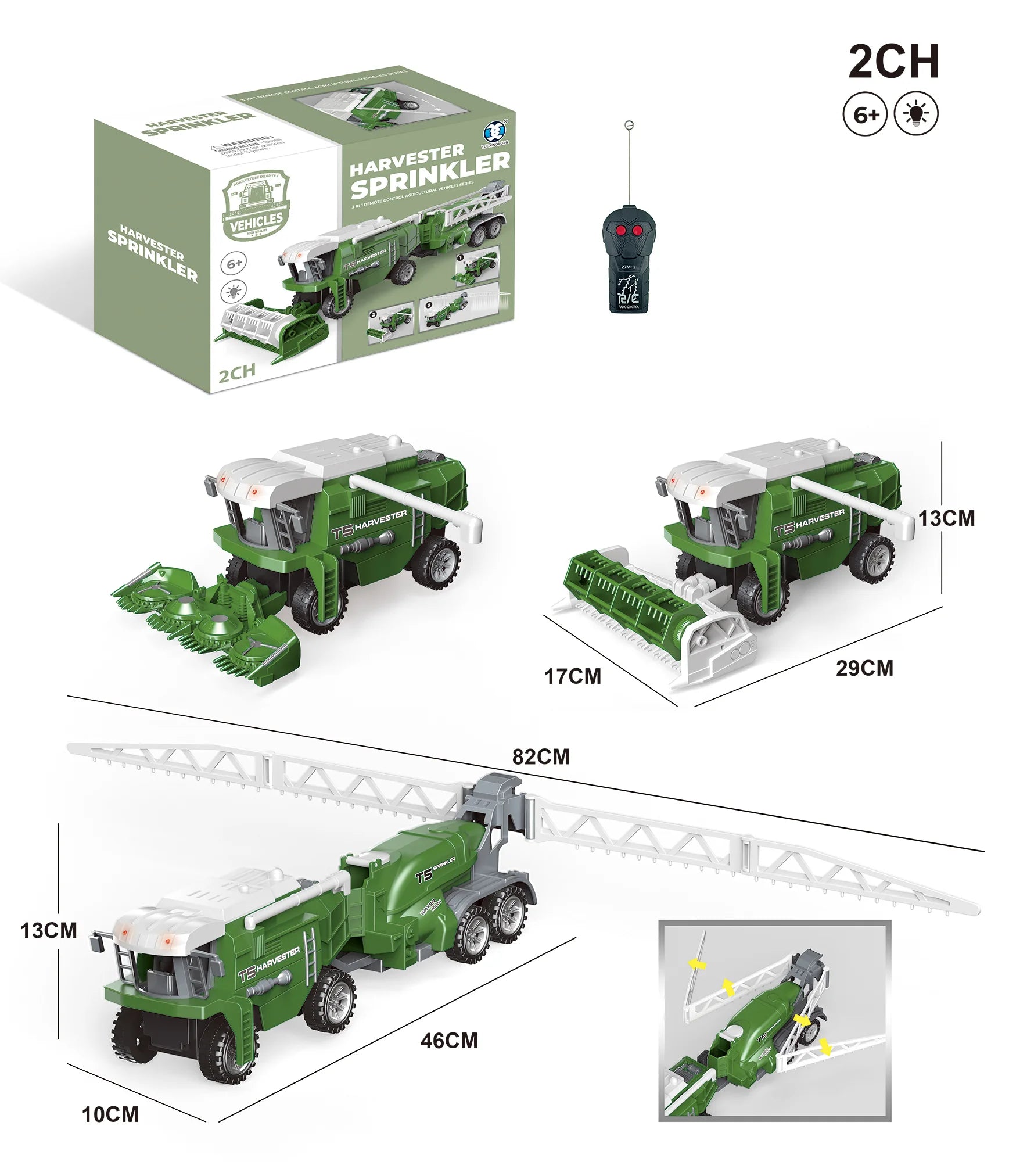 Fun toy carsRemote Controlled RC 2-Channel Harvester with Trailer Sprinkler