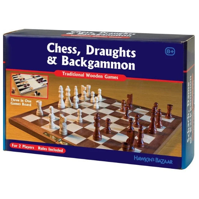 Intricate puzzles Draughts, Chess and Backgammon Set - 3 in 1 Wooden Games Set