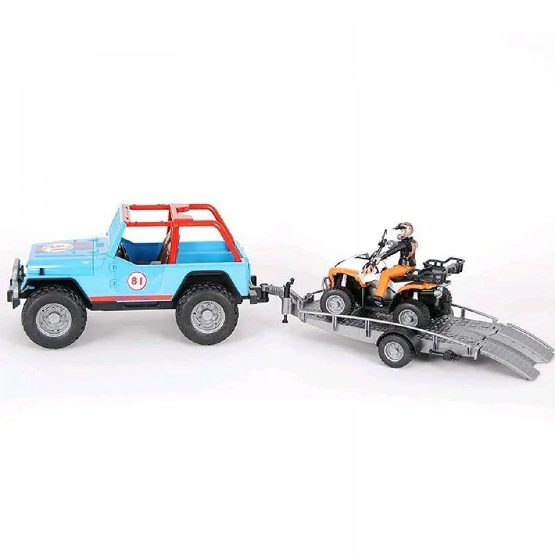 Durable toysBruder Blue Jeep Racing Car with Trailer, Quad Bike and Driver