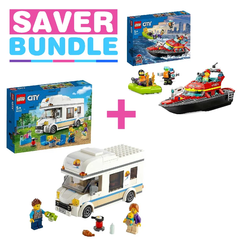 Enthusiastic toysLEGO City Great Vehicles Holiday Camper Van Toy Car 60283 + LEGO City Fire Rescue Boat Toy Building Set 60373 Bundle